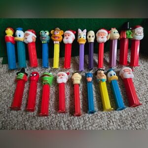 Vntg Set Of 21 PEZ Dispensors Numerous Plastic Figures Santas Batman Sesame St.